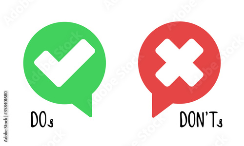 Do and Don't simple icons, vector elements. Check mark and cross in speech bubbles, used to indicate rules of conduct or response versions.