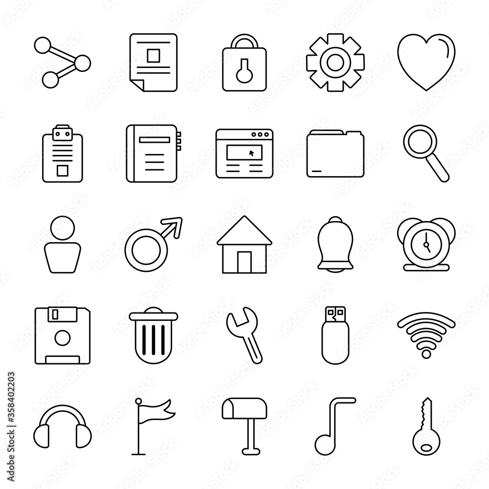 alarm clock and web symbols icon set, line style alarm clock and web symbols icon set, line style