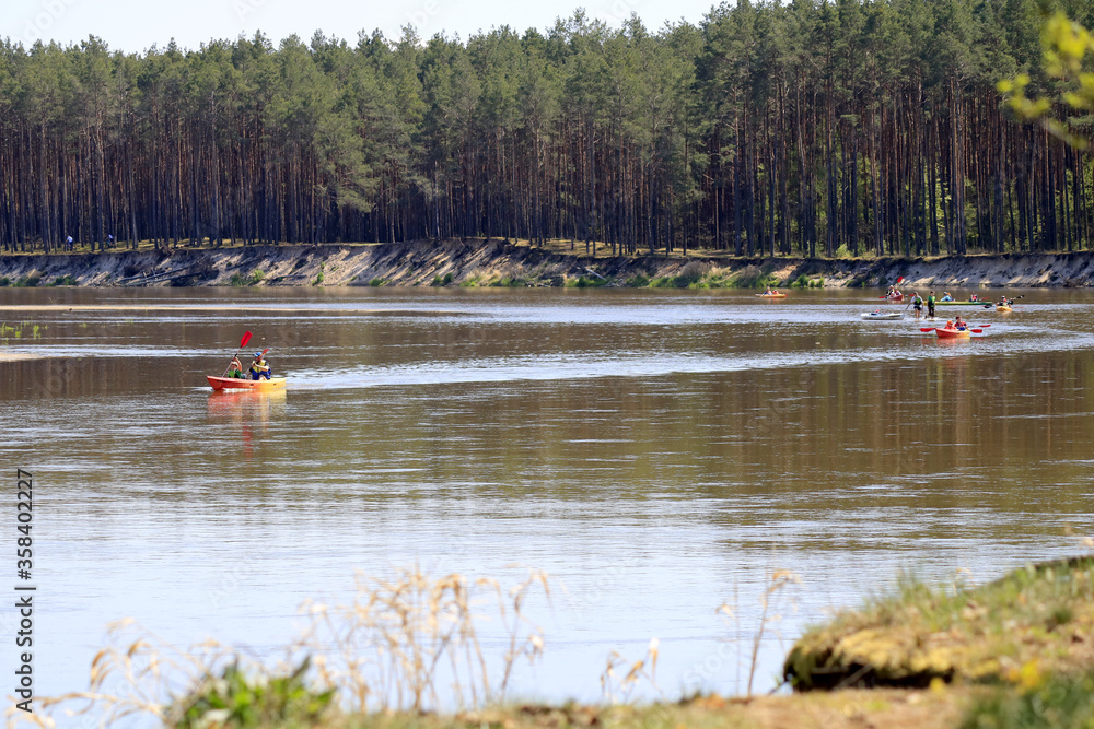 Kayaks on the Bug river, Mazovia, Poland - obrazy, fototapety, plakaty 