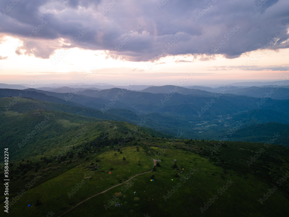 Aerial View of Appalachian Trail on Roan Mountain at Sunset