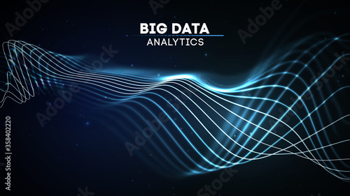 Big Data analytics, abstract wave music background. Digital sound wave abstract technology background. Cyber technology Ai tech wire network futuristic wireframe. Artificial intelligence. Cyber