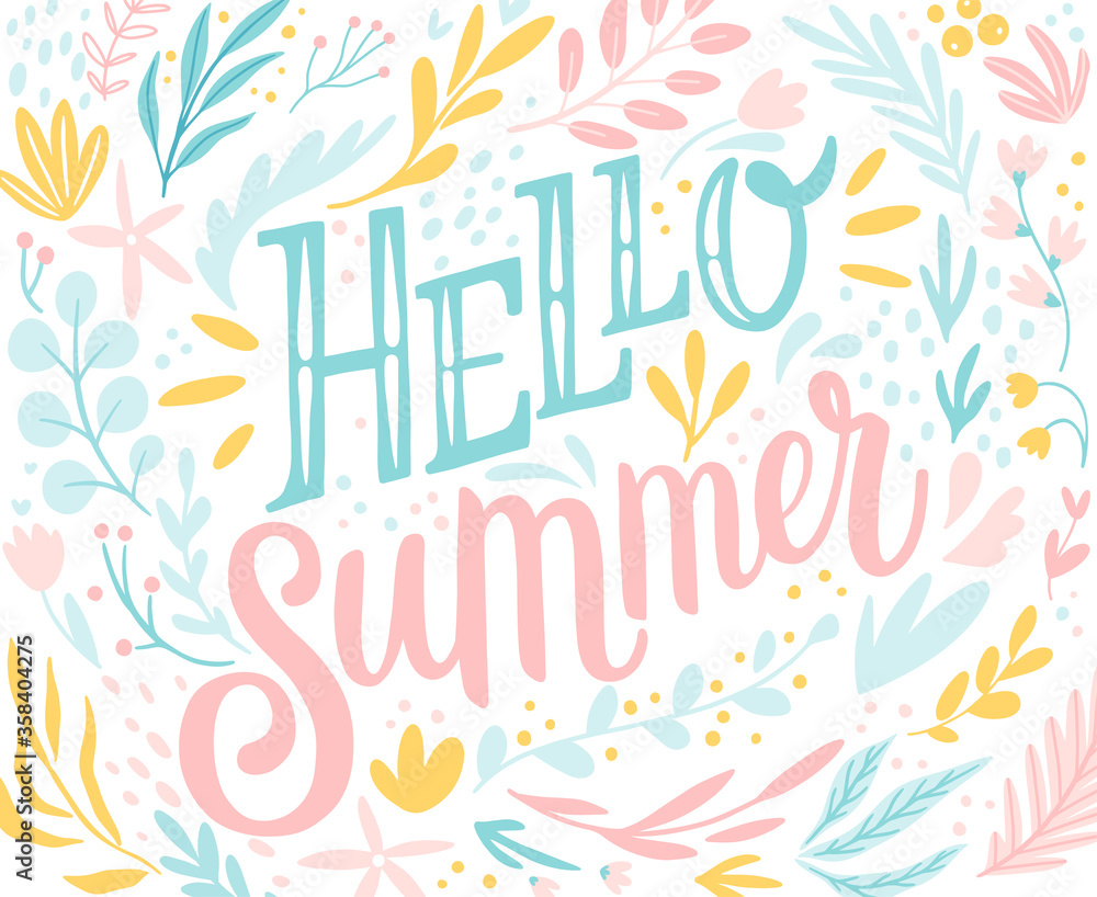 Hello Summer lettering design with floral elements - hand drawn Hello Summer lettering design with floral elements - hand drawn