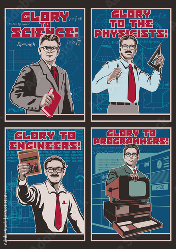 Glory to Science! Retro Scientific Propaganda Poster Set, Men with Glasses, Scientist, Physicist, Programmer, Engineer, Retro Computer, Calculator, Book, Formulas