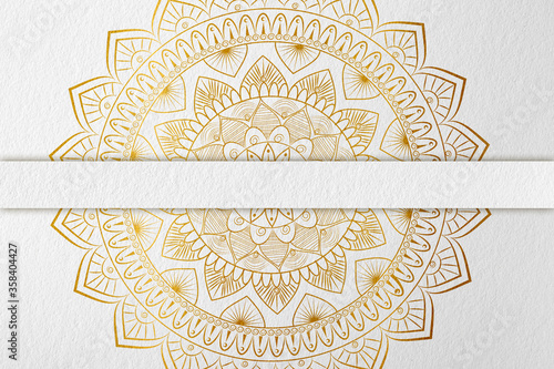 White greeting card with goldenMandala. Great for invitation, flyer, menu, brochure, postcard, wallpaper, decoration, or any desired idea. photo