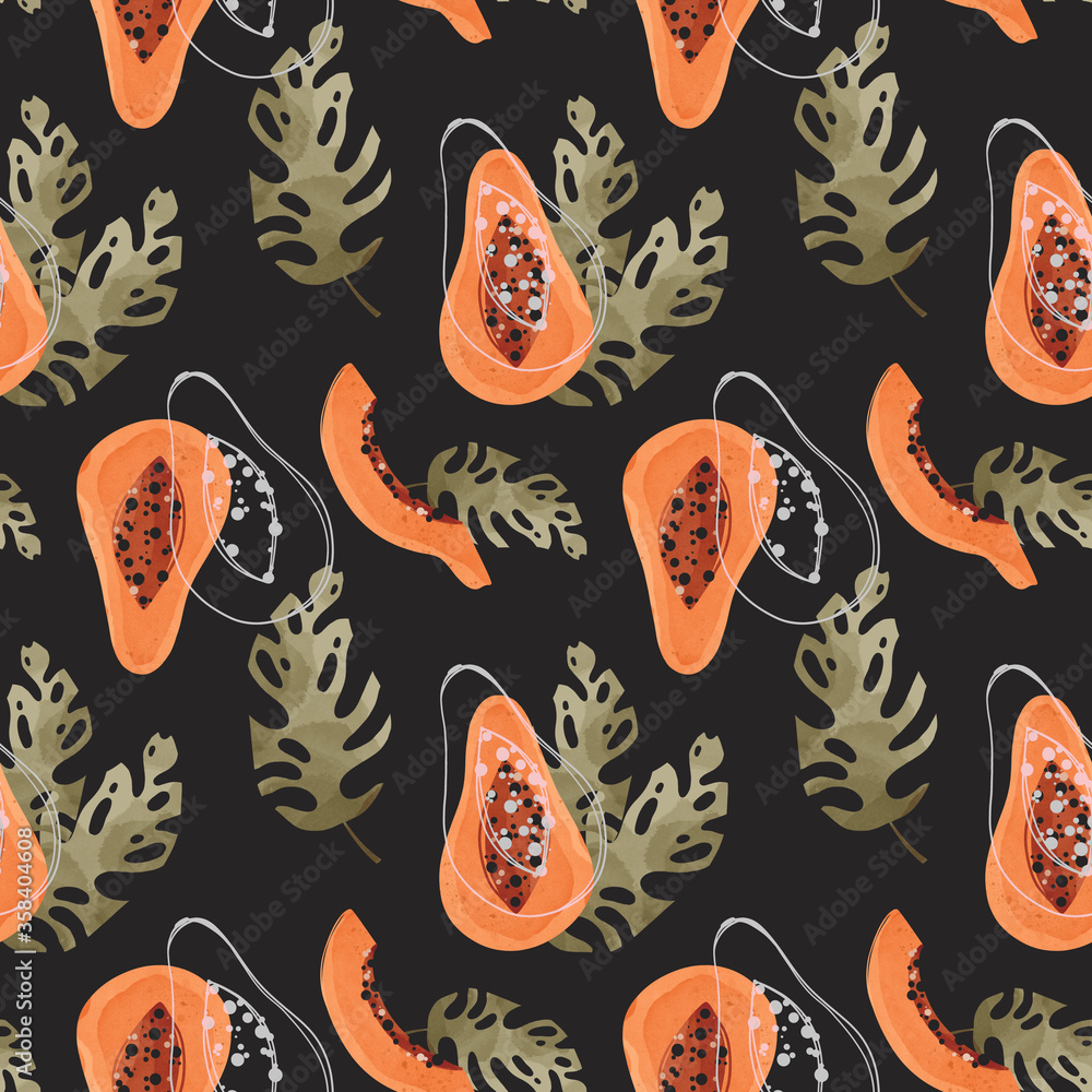Square seamless pattern with papaya fruit, tropical leaf. Textural watercolor digital art on a black background. Banner print, social media post, packaging, wrapping paper, textile, fabric Square seamless pattern with papaya fruit, tropical leaf. Textural watercolor digital art on a black background. Banner print, social media post, packaging, wrapping paper, textile, fabric