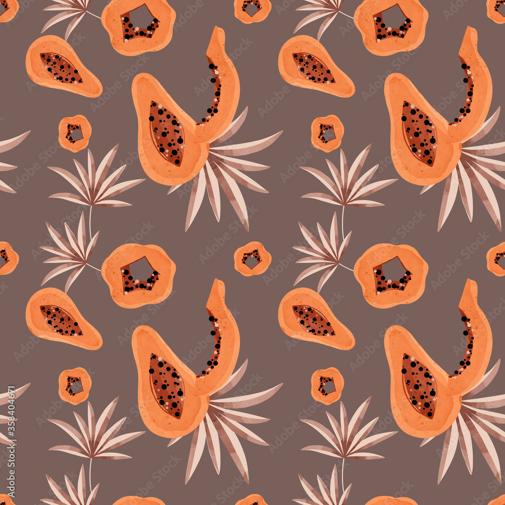 Square seamless pattern with papaya fruit, tropical leaf. Textural watercolor digital art on a brown background. Banner print, social media post, packaging, wrapping paper, textile, fabric Square seamless pattern with papaya fruit, tropical leaf. Textural watercolor digital art on a brown background. Banner print, social media post, packaging, wrapping paper, textile, fabric