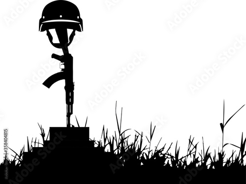 Stop War  Save Life,soldier gun and helmet. Grave of a fallen soldier,Death of the military.