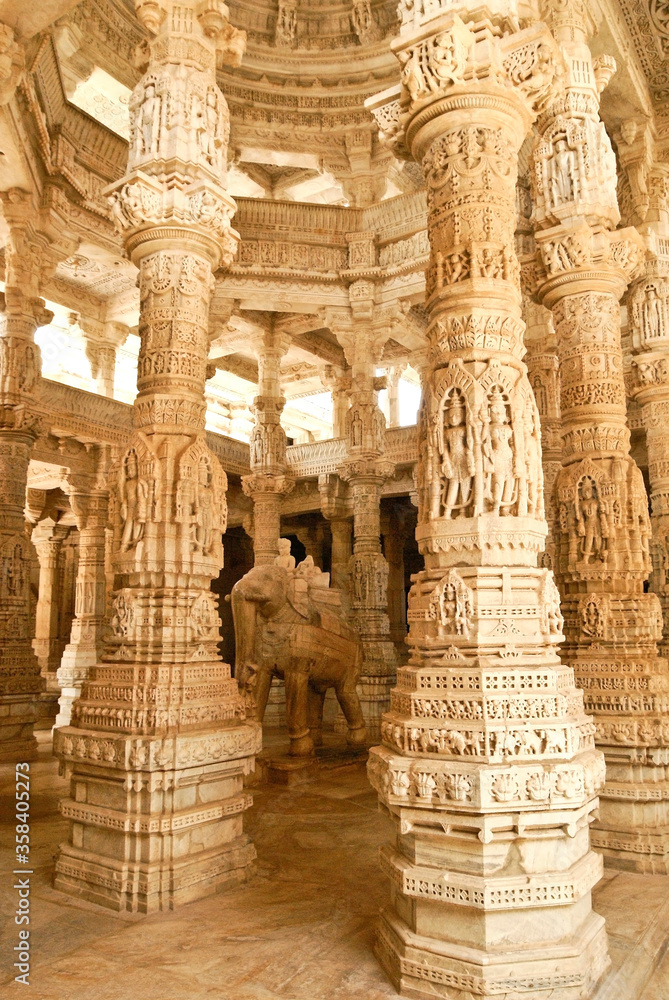 Carved marble elephant and pillars in Adinath Jain temple at Ranakpur, Rajasthan, India