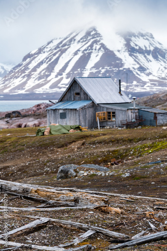 Wooden house in New London mining settlement, Svalbard archipelago