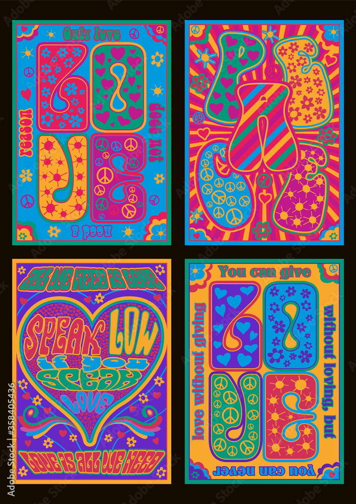 Psychedelic Posters Hippie Art Style Love Lettering, Love and Peace, Hearts, Flowers, Peace Symbols, Psychedelic Colors