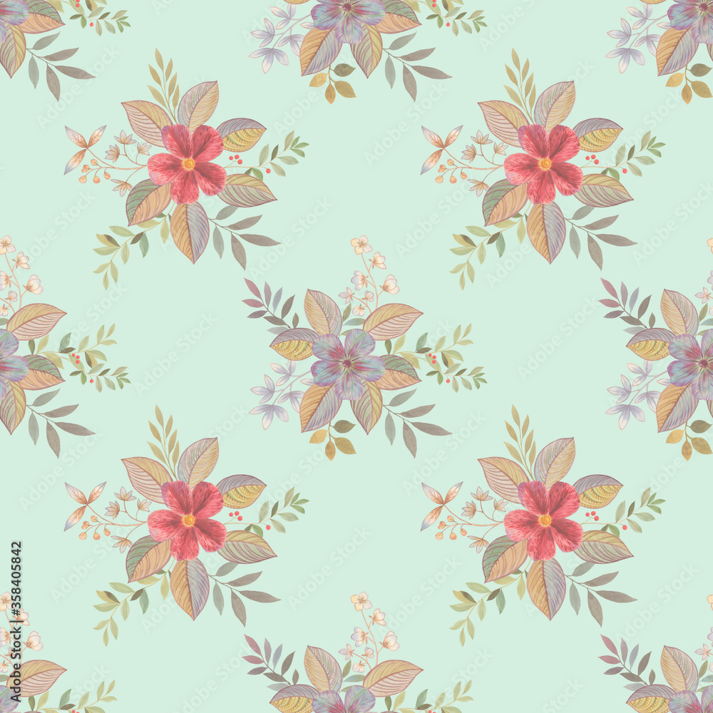 Seamless floral pattern on a gently green background. Art watercolor for design, packaging and printing. Abstract watercolor drawing.