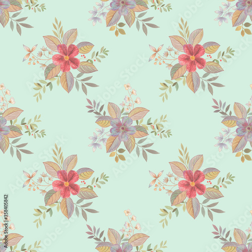 Seamless floral pattern on a gently green background. Art watercolor for design  packaging and printing. Abstract watercolor drawing.