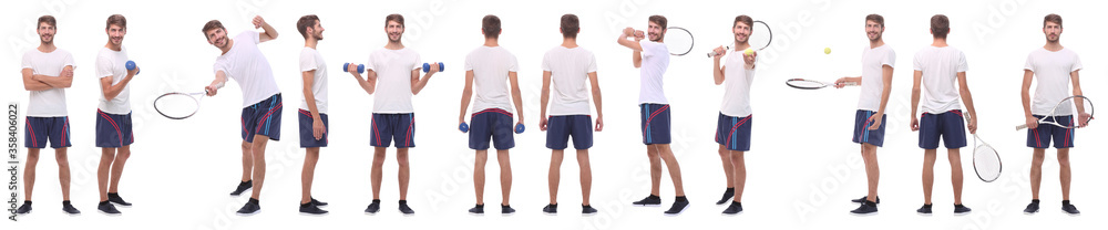 panoramic collage of male handyman isolated on white panoramic collage of male handyman isolated on white