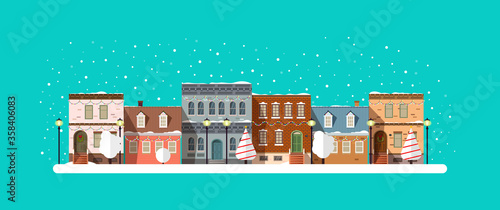 Flat winter city landscape with snow and christmas decorations.