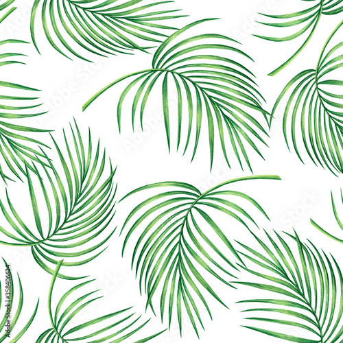 Watercolor painting coconut,banana,palm leaf,green leaves seamless pattern background.Watercolor hand drawn illustration tropical exotic leaf prints for wallpaper,textile Hawaii aloha jungle style. © nongnuch_l