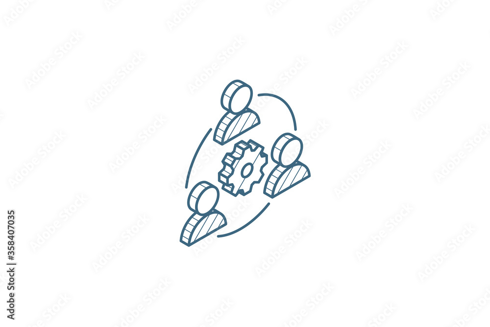 Naklejka premium Teamwork, mans and cog isometric icon. 3d line art technical drawing. Editable stroke vector