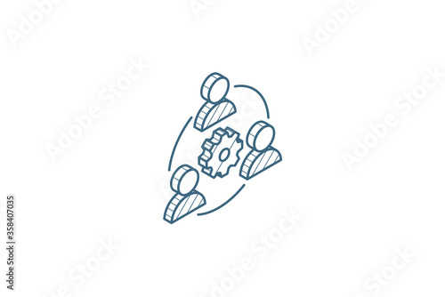 Teamwork, mans and cog isometric icon. 3d line art technical drawing. Editable stroke vector