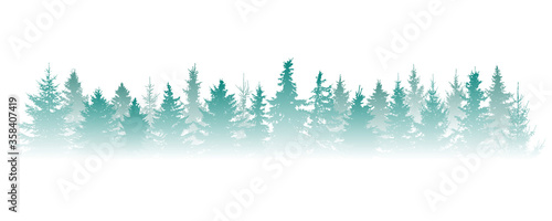 Silhouette of fog forest, panorama. Isolated Christmas tree (fir) in misty forest on white background. Vector illustration