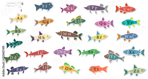 English alphabet. Simple game. Print and play. Education. Letters. Fishing. Learning alphabet game. Isolated fishes. Vector stock illustration. Different types of fish. © Владимир Непомнящий