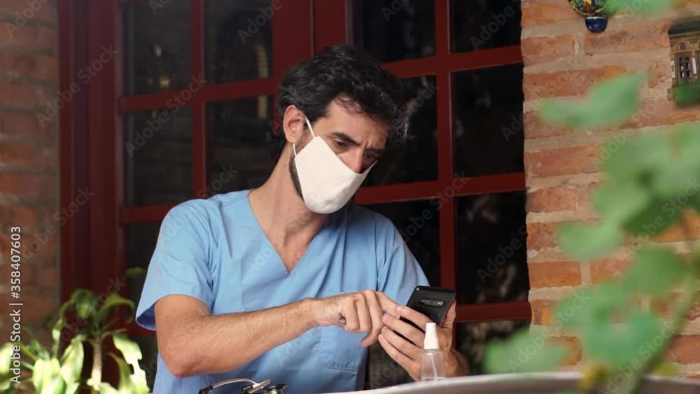 Doctor with face mask making a prescription in the home garden. In slow motion. Doctor with face mask making a prescription in the home garden. In slow motion.