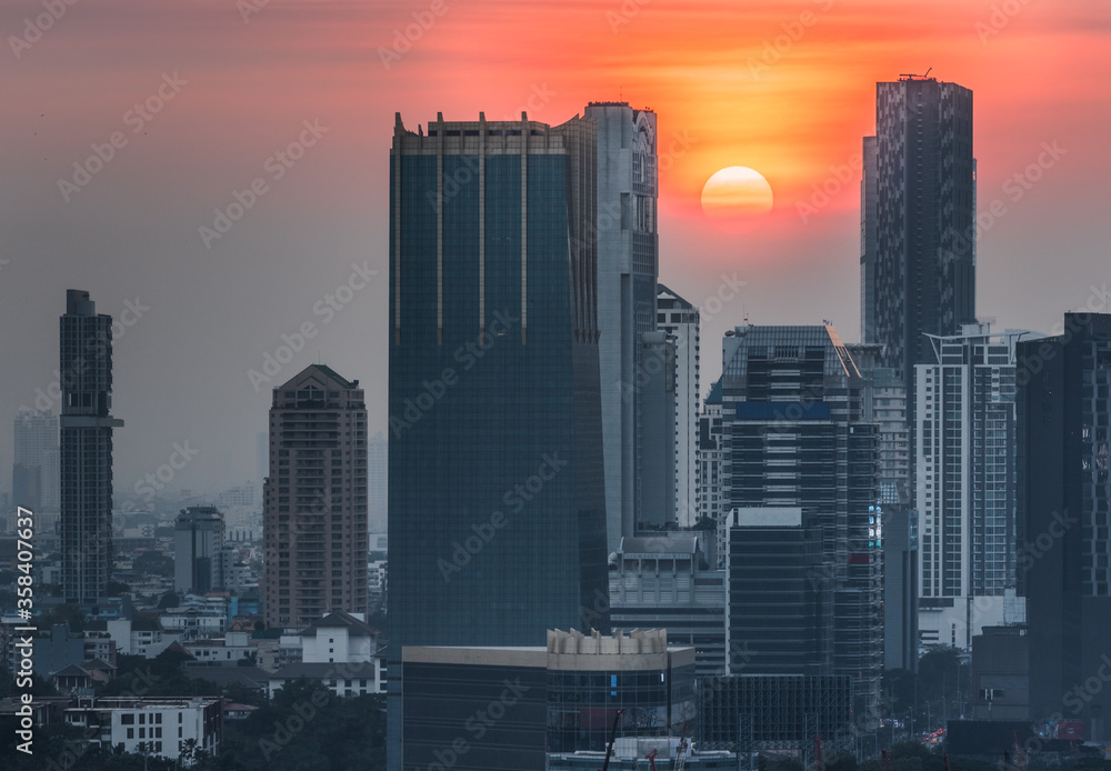 Cityscape of Bangkok, Thailand at Colorful Sunset
