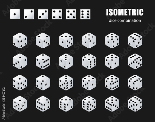 Isometric dice. Set of isometric dice combination. White poker cubes vector isolated