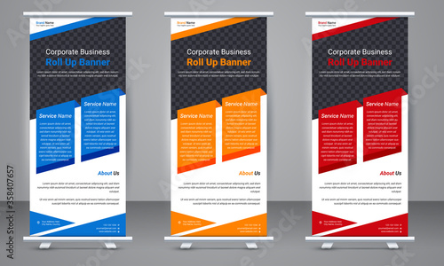 Corporate business Roll up stand banner template design with three color variation. Standee Design, Brochure Flyer, Annual Report, Background, Magazine, Poster, X banner, Flag Banner Design.