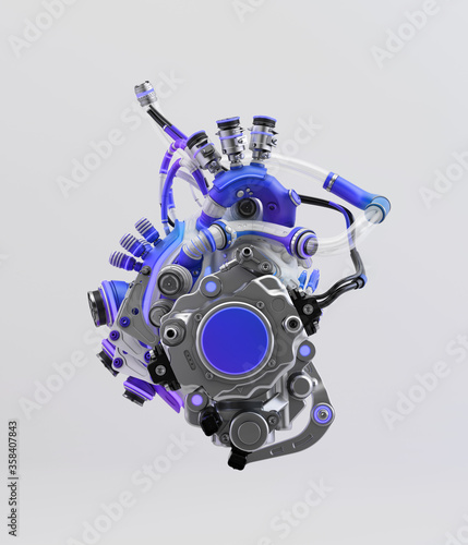 Metal artificial heart with violet parts. 3d rendering of robotic heart organ on light background  © Vladislav Ociacia