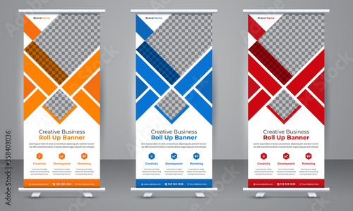 Corporate business Roll up stand banner template design with three color variation. Standee Design, Brochure Flyer, Annual Report, Background, Magazine, Poster, X banner, Flag Banner Design.