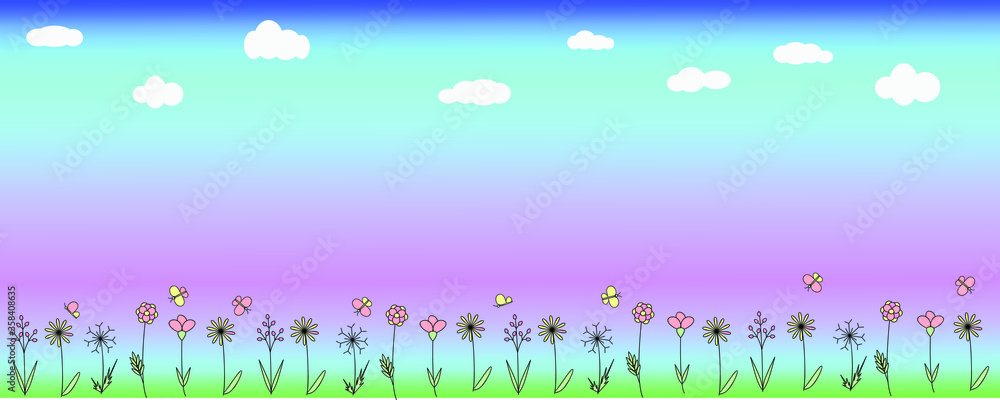 Panoramic vector background with abstract flowers, clouds. Delicate vector background.