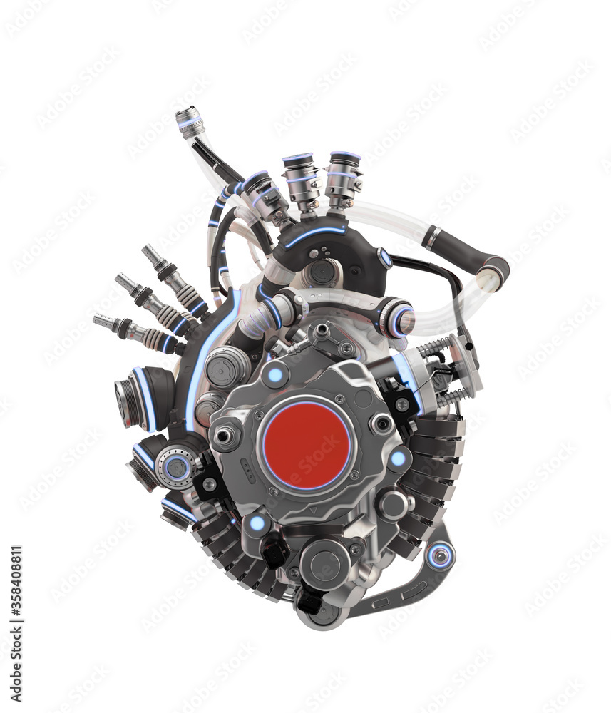 Steel robotic heart, futuristic replacement organ, 3d rendering on white background Steel robotic heart, futuristic replacement organ, 3d rendering on white background