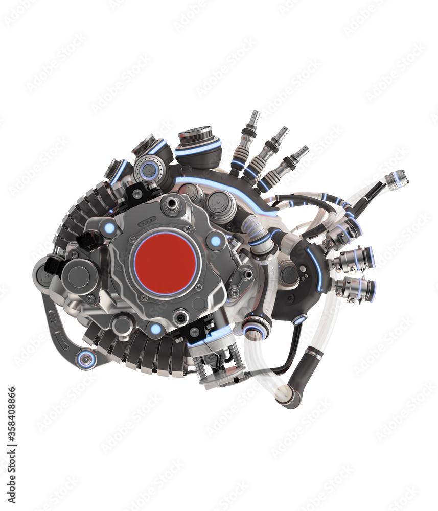 Fish-like steel robotic heart with red central touch part, acting as fish eye. 3d rendering on white background