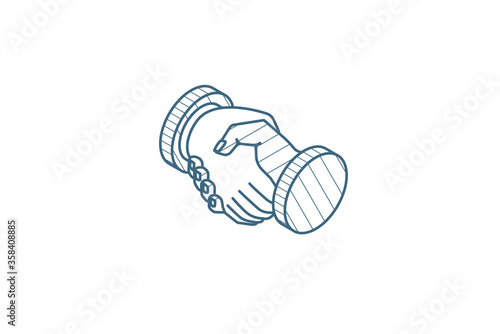 handshake isometric icon. 3d line art technical drawing. Editable stroke vector
