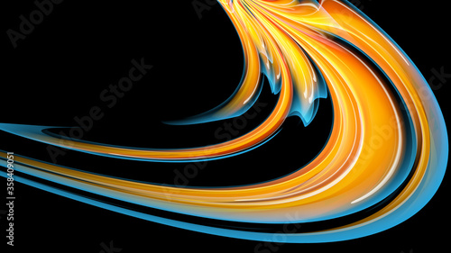 Beautiful bright motley yellow orange abstract energetic magical cosmic fiery neon texture of lines and stripes, waves, flames with twists and turns on a black background and copy space. Vector