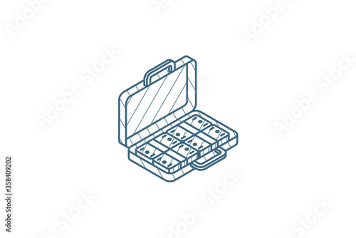 money full case, banking, dollar cash, finance isometric icon. 3d line art technical drawing. Editable stroke vector