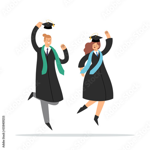 Set of happy jumping young couple, boy and girl. Cartoon students in graduation gowns and caps. Educated university or collage graduating people characters. Flat isolated vector illustration.