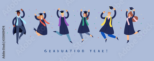 Set of happy jumping young people. Cartoon international students in graduation gowns and caps. Educated university or collage graduating man and woman characters. Flat isolated vector illustration.