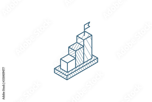 Growing bar chart with flag on peak isometric icon. 3d line art technical drawing. Editable stroke vector