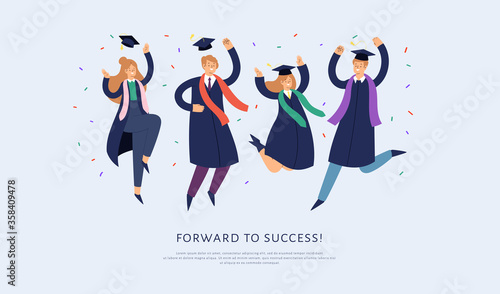 Set of happy jumping young people. Cartoon international students in graduation gowns and caps. Educated university or collage graduating man and woman characters. Flat isolated vector illustration.