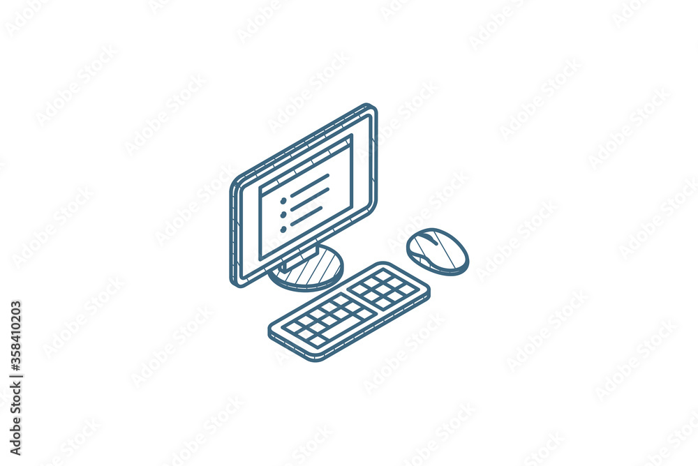computer, desktop isometric icon. 3d line art technical drawing ...