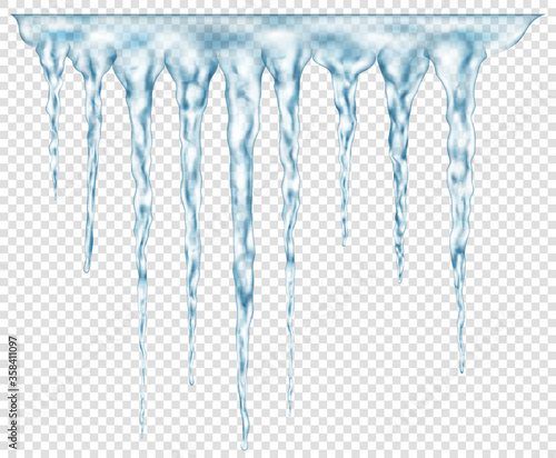 Group of translucent light blue realistic icicles of different lengths connected at the top. For use on light background. Transparency only in vector format