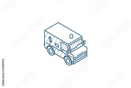 encashment service car, bank collector van, money delivery isometric icon. 3d line art technical drawing. Editable stroke vector