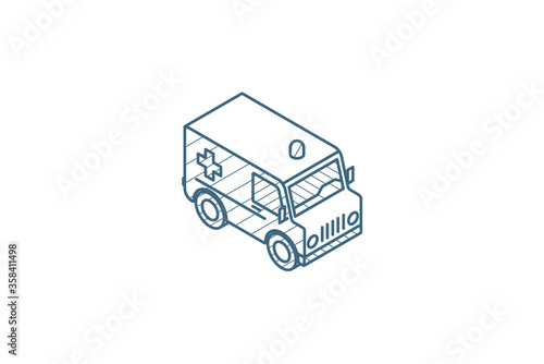 ambulance, medical car isometric icon. 3d line art technical drawing. Editable stroke vector