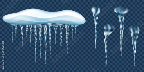 Snowdrift with hanging light blue realistic translucent icicles and a few extra. For use on dark background. Transparency only in vector format