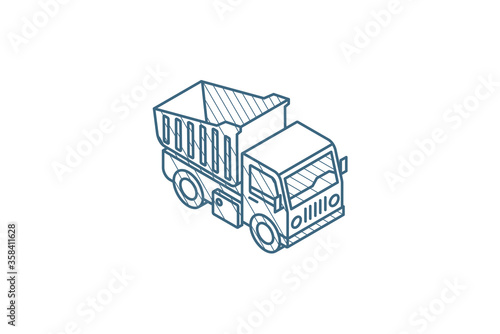 dump truck isometric icon. 3d line art technical drawing. Editable stroke vector