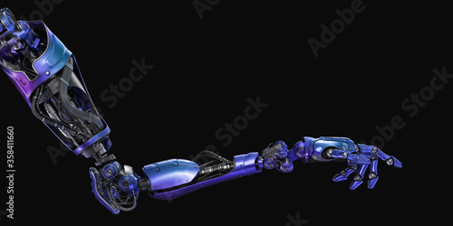 Sci-fi neochrome robotic arm pointing with index finger, 3d rendering on dark background