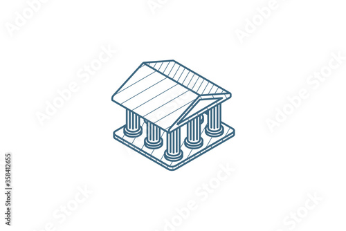 public bank building, university or museum, classic greek architecture isometric icon. 3d line art technical drawing. Editable stroke vector