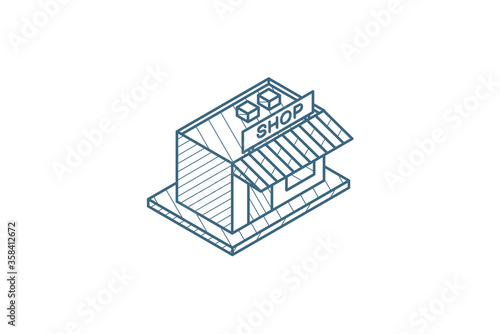 Shop building isometric icon. 3d line art technical drawing. Editable stroke vector