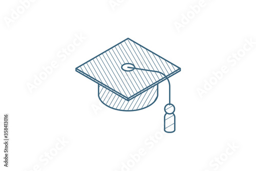 graduation hat isometric icon. 3d line art technical drawing. Editable stroke vector