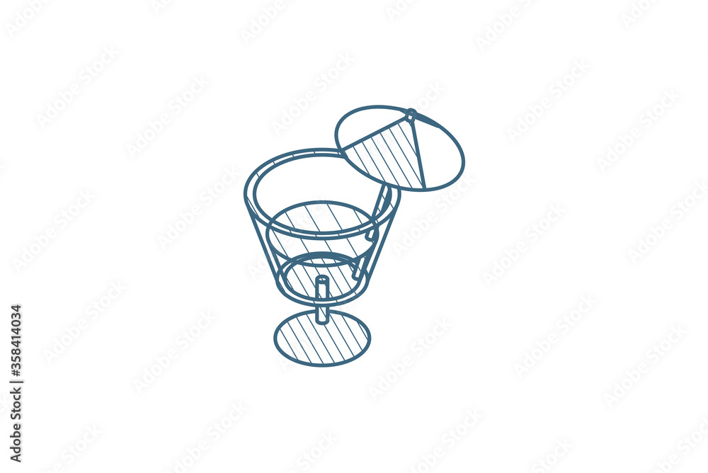 cocktail glass whith umbrella, juice drink isometric icon. 3d line art technical drawing. Editable stroke vector